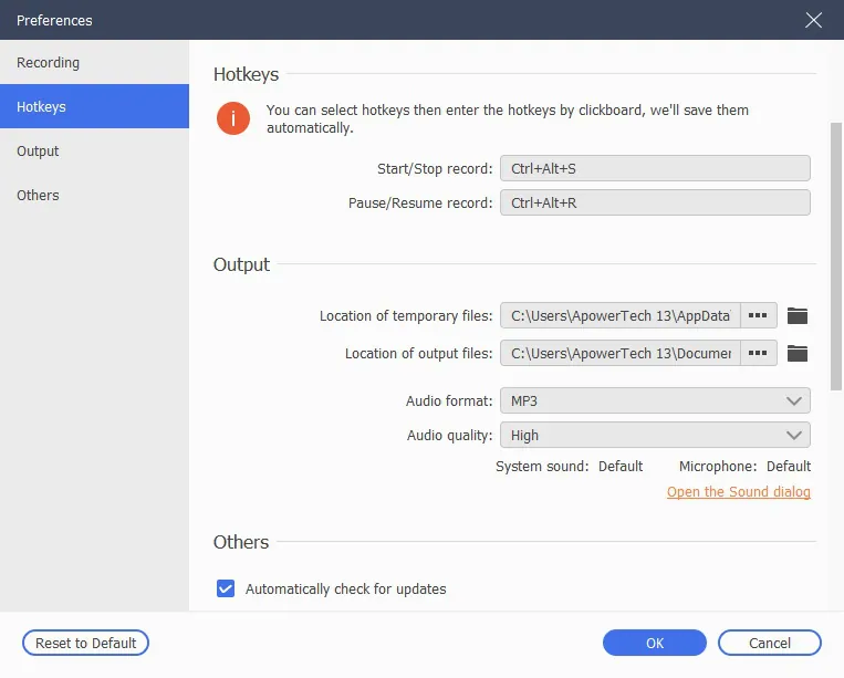 musicrecorder preferences hotkeys