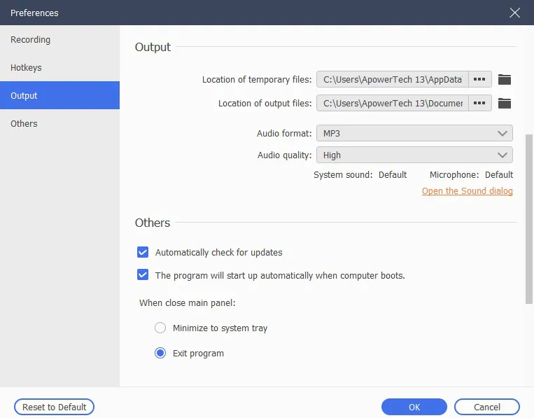 musicrecorder preferences output