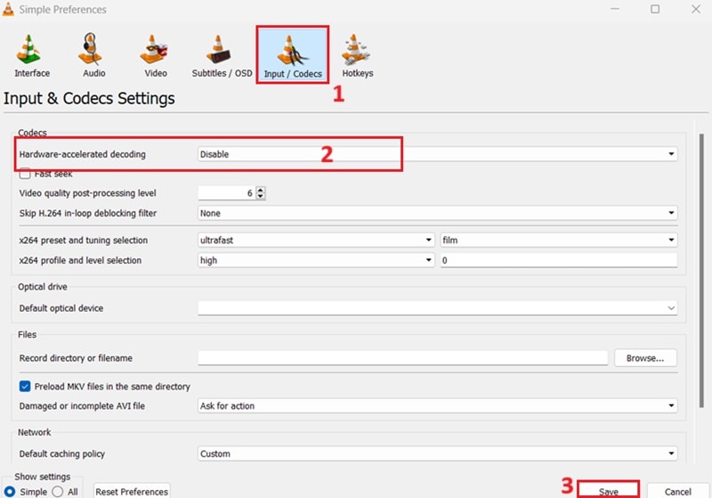 vlc输入/编解码器设置