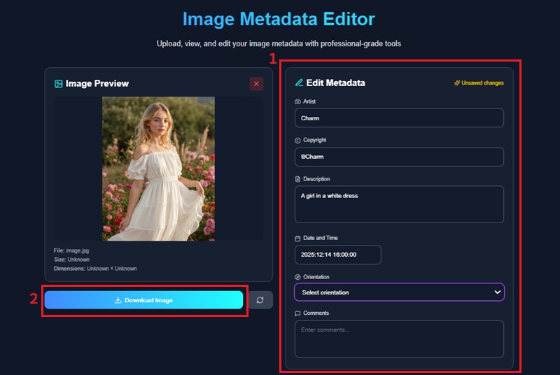 edit metadata and download image